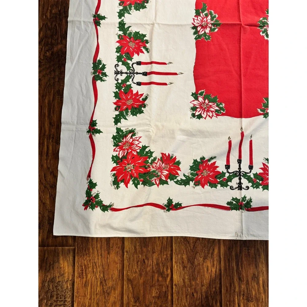 Vintage Christmas Tablecloth‎ Poinsettia Candelabra Red White Green 52x62
